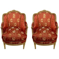 Pair Antique French Louis XVI Gold Leaf Bergères, Circa 1880.
