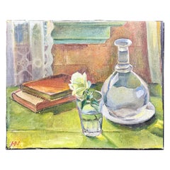 Signed Still-Life Oil on Canvas Painting Books Rose, Denmark