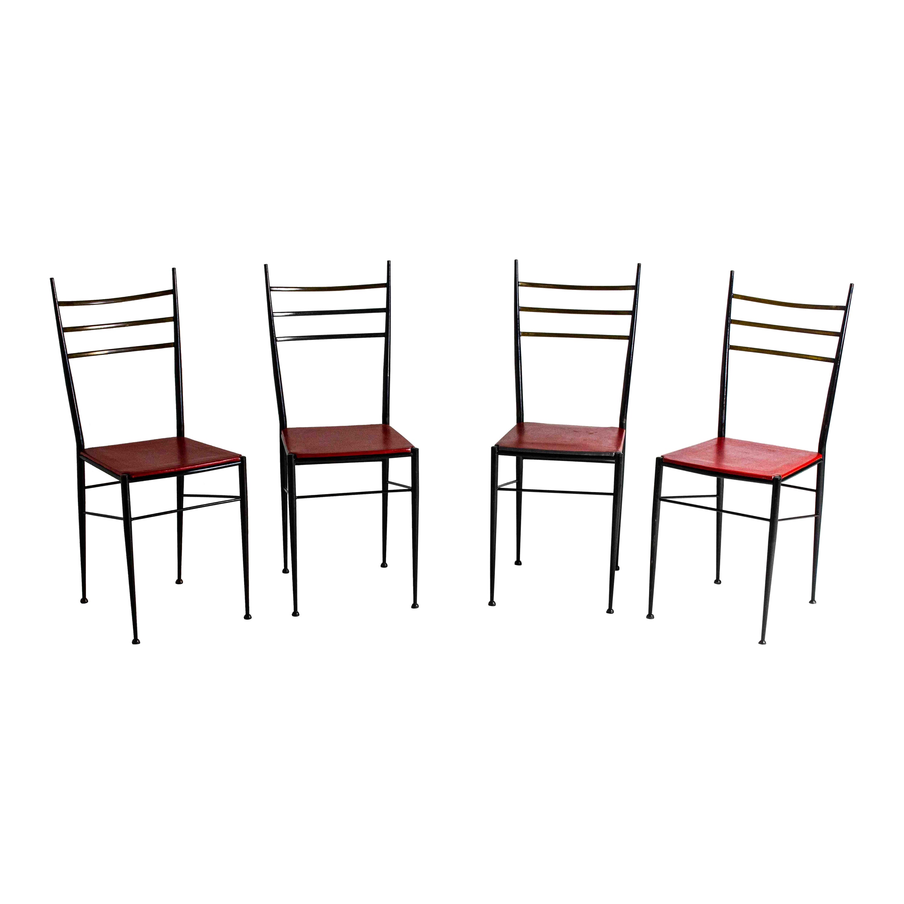 Fine set of metal dining chairs with red leather seating, Italy 1970s For Sale
