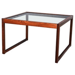Vintage MCM Rosewood Square Frame & Smoked Glass Top Coffee or End Table