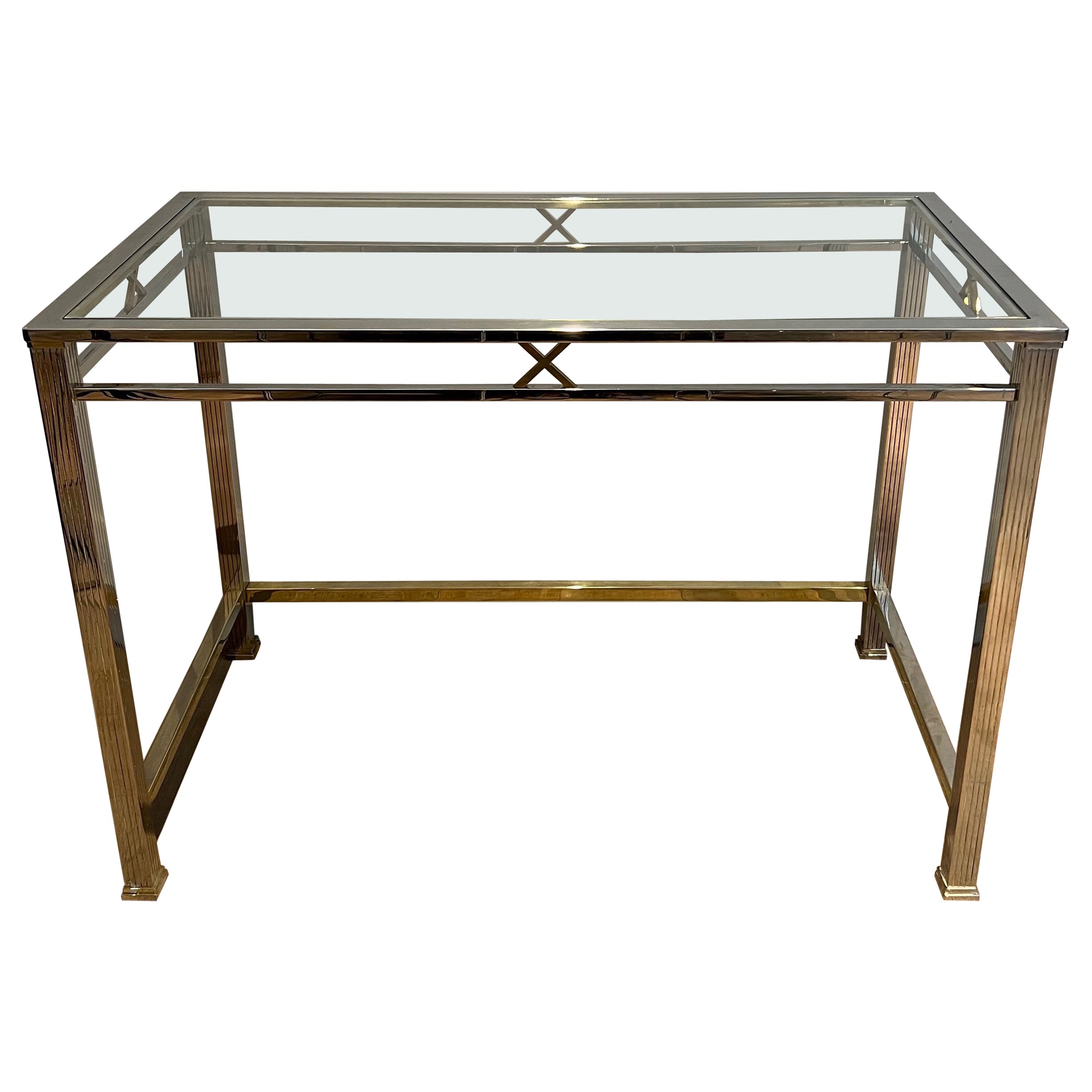Neoclassical style chrome and brass desk. Italian work. Circa 1970 For Sale