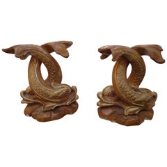 Vintage Smashing Pair of Carved Giltwood Chinese Style Dolphin Statues