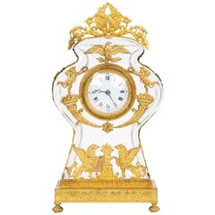 French Empire Antique Gilt Bronze-Mounted Glass Mantel Clock c. 1900