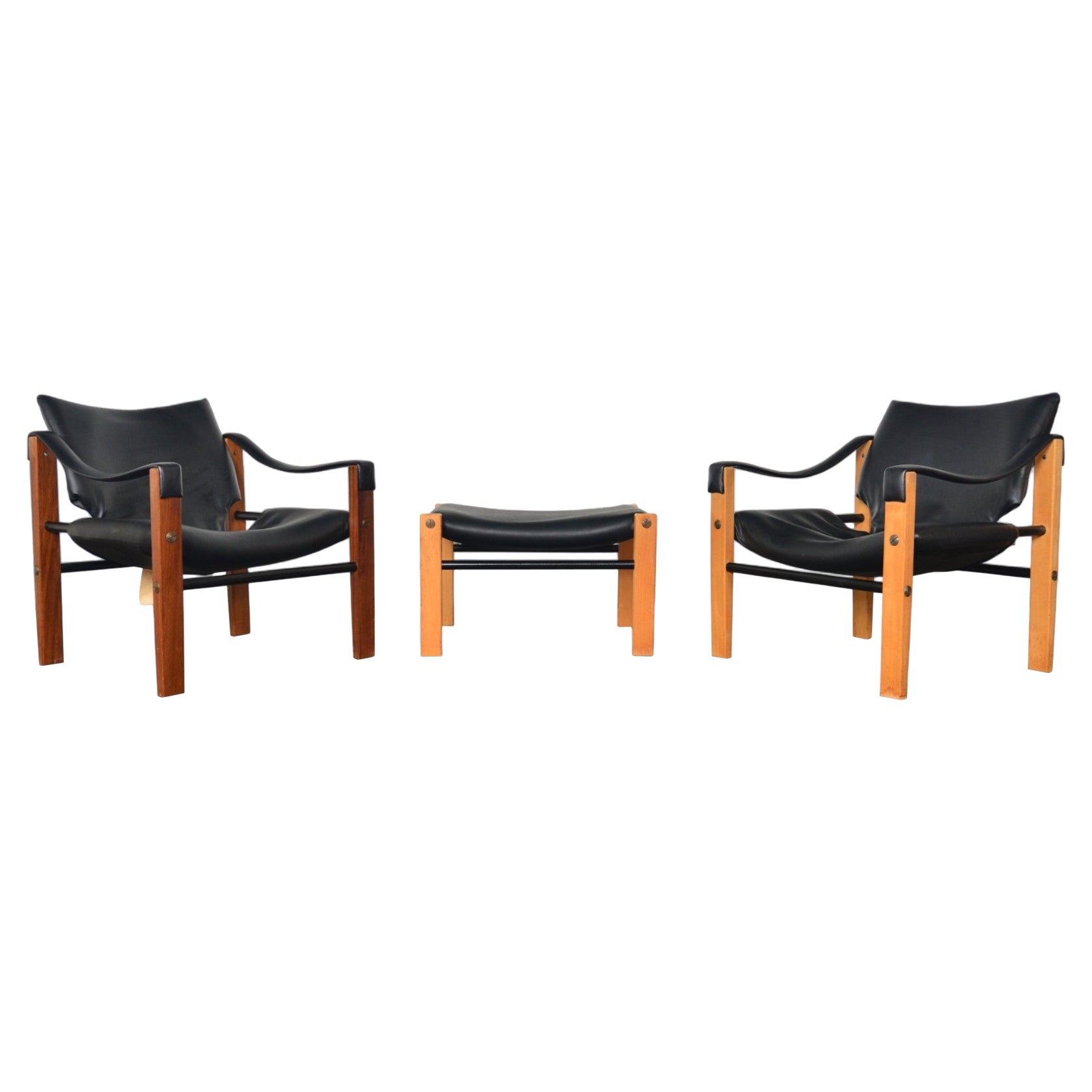Pair of Maurice Burke Safari Lounge Chairs + Ottoman