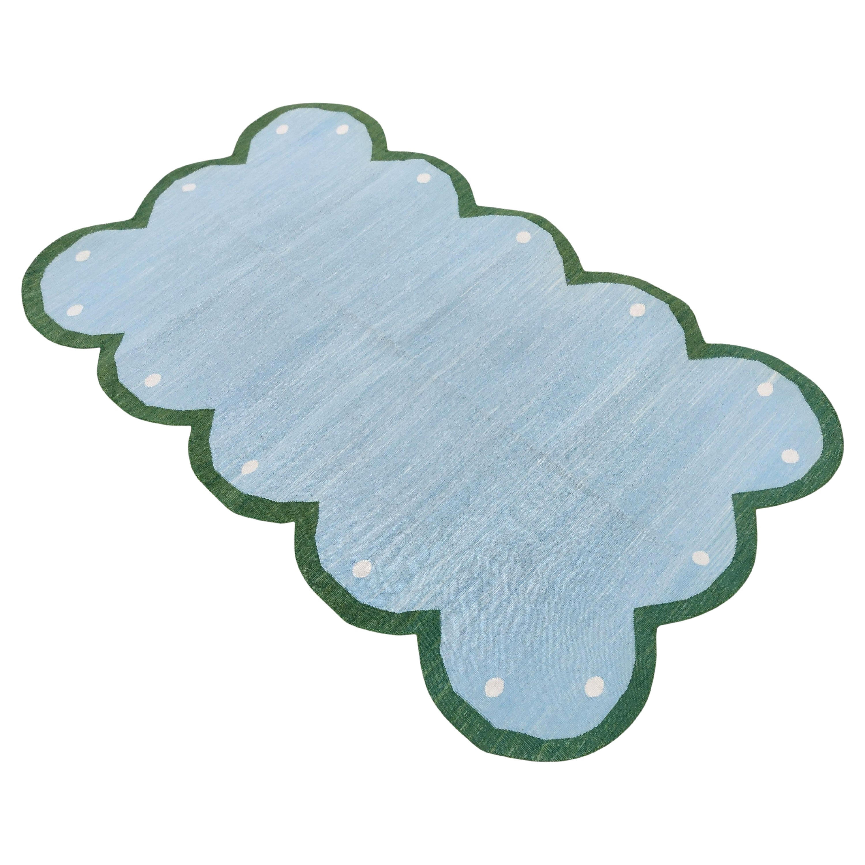 Handmade Cotton Area Flat Weave Rug, 3x5 Sky Blue, Green Scallop Indian Dhurrie