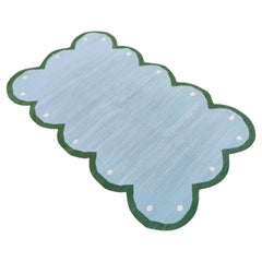 Handmade Cotton Area Flat Weave Rug, 3x5 Sky Blue, Green Scallop Indian Dhurrie