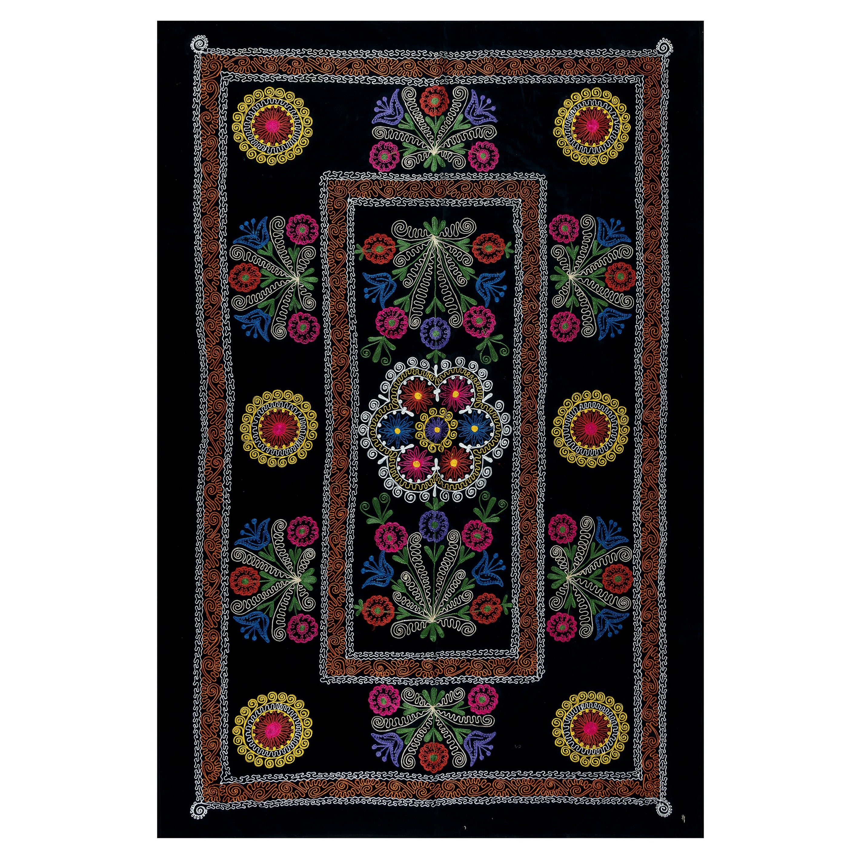 Colgante Suzani de 4,6x6,7 Pies, Cubrecama Bordado, Manta Negra, Lienzo de Seda