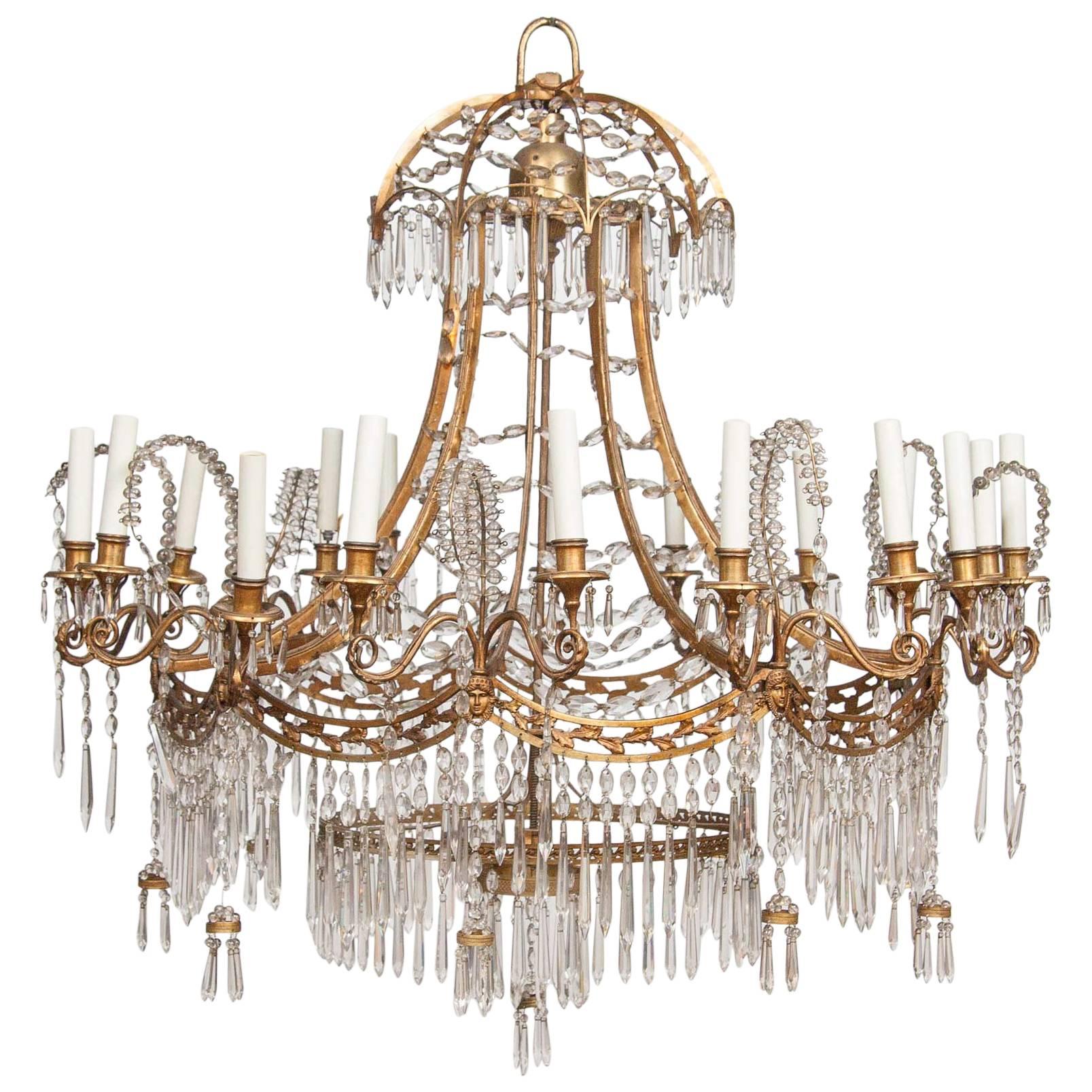 German Neoclassical Bronze and Cut Glass Chandelier
