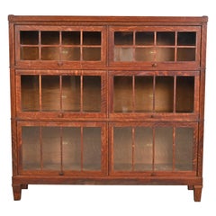 Antique Arts & Crafts Tiger Oak Three-Stack Double Barrister Bookcase by Macey