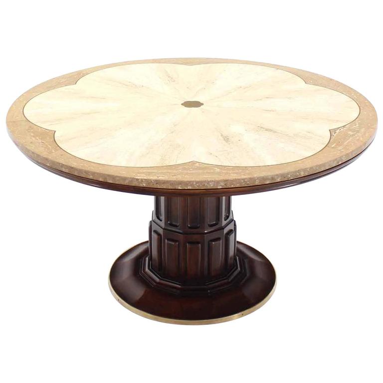 Brass Inlay Marble Decorative Marble Top Round Game or Center Table For Sale