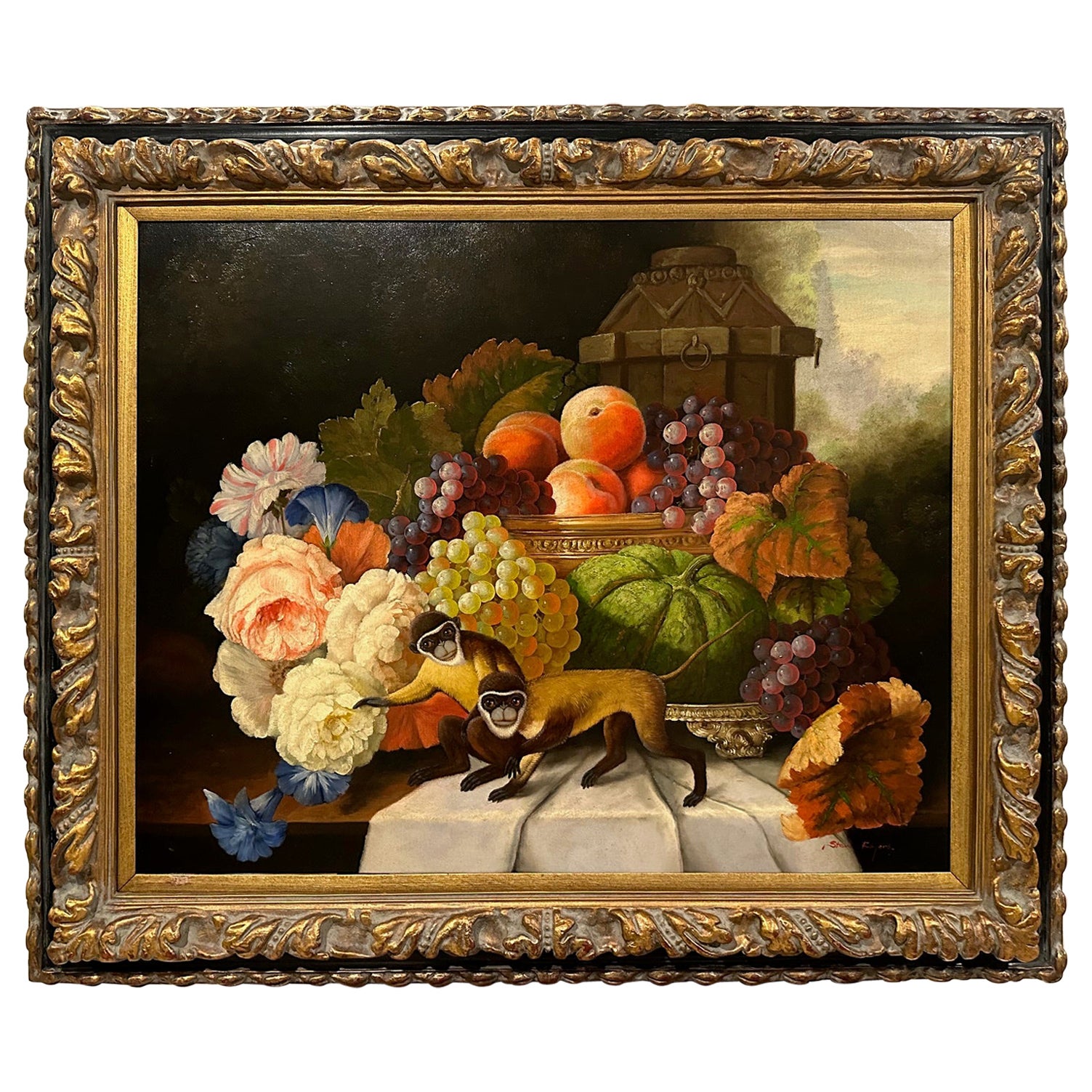 Impressive Realist Still Life of Fruit & Monkeys
