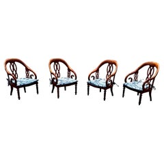 1970s Baker Chinoiserie Style Blue White Cane Sculptural Arm Chairs, Set of 4