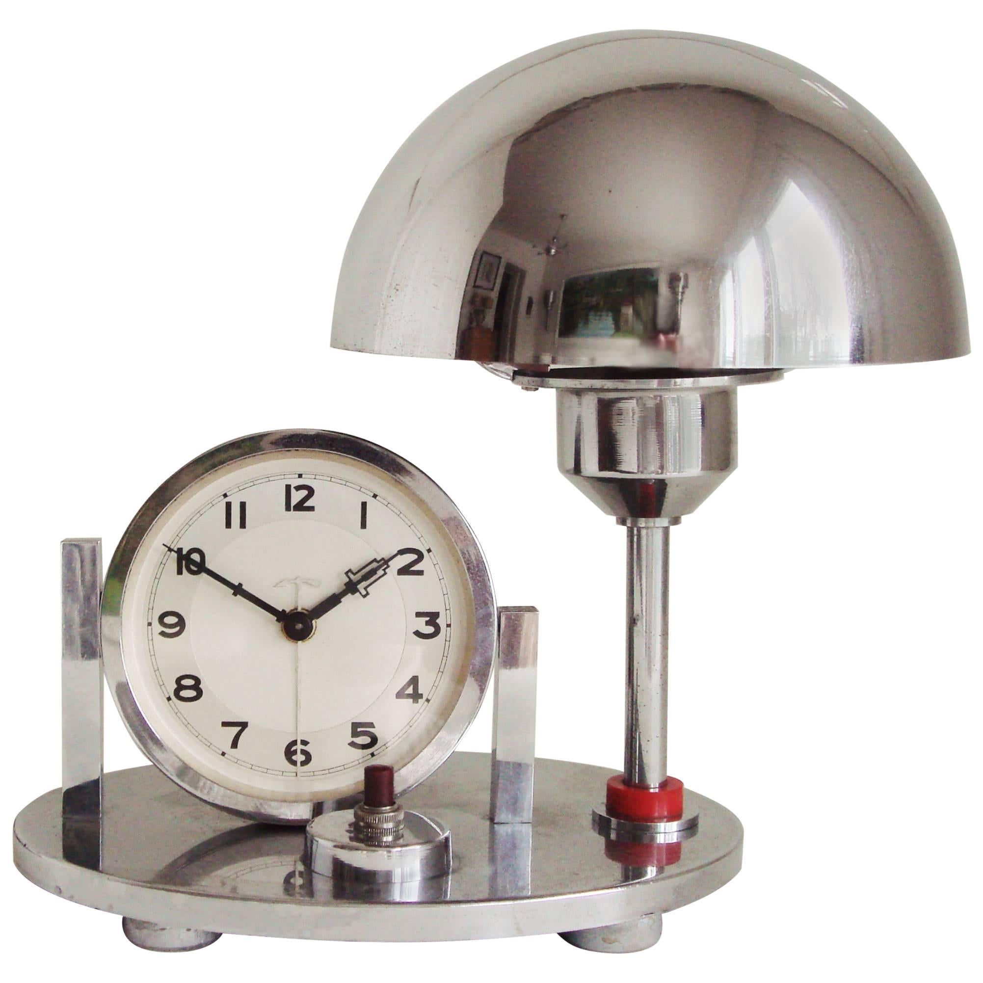 German Art Deco Chrome & Red Galalith Mechanical Alarm Clock & Adjustable Lamp