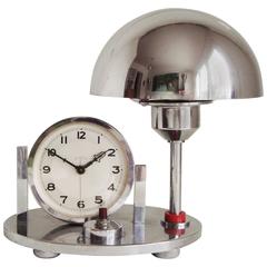 Vintage German Art Deco Chrome & Red Galalith Mechanical Alarm Clock & Adjustable Lamp