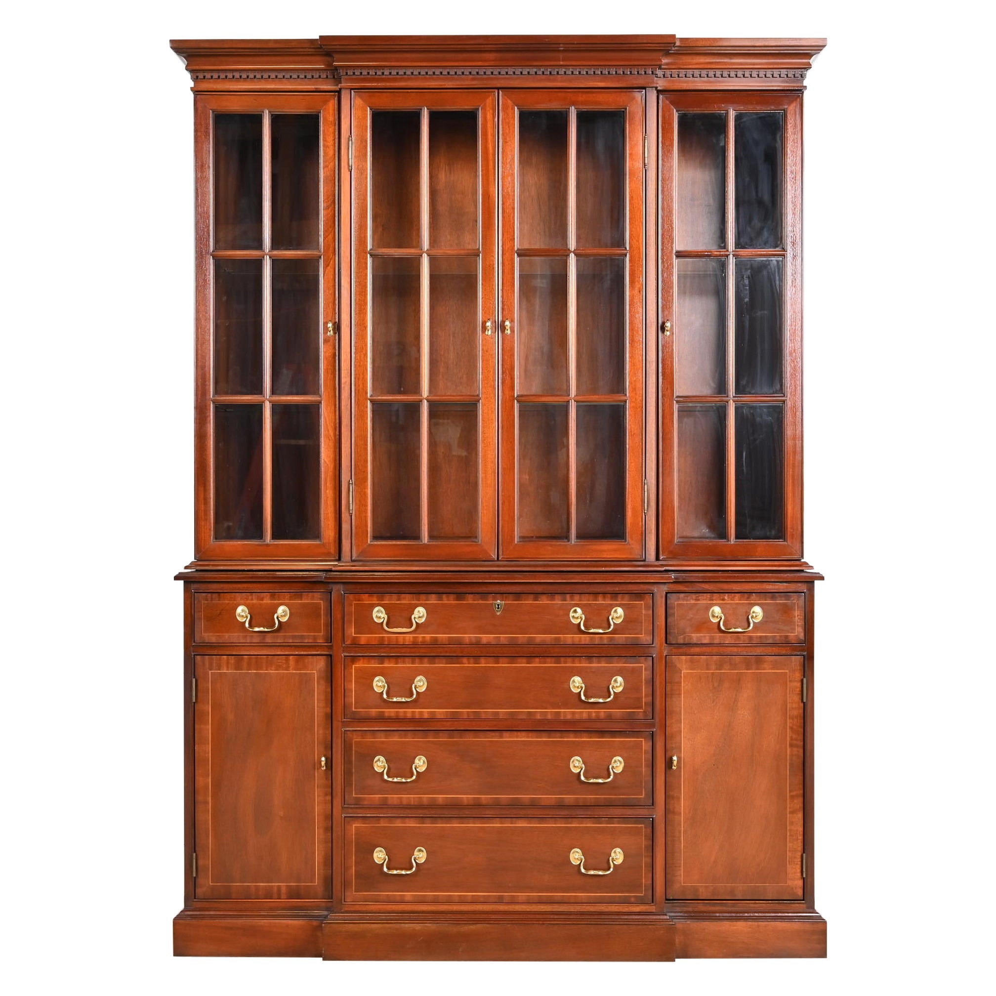 Councill Craftsmen Georgian Carved Mahogany Breakfront Bookcase Cabinet