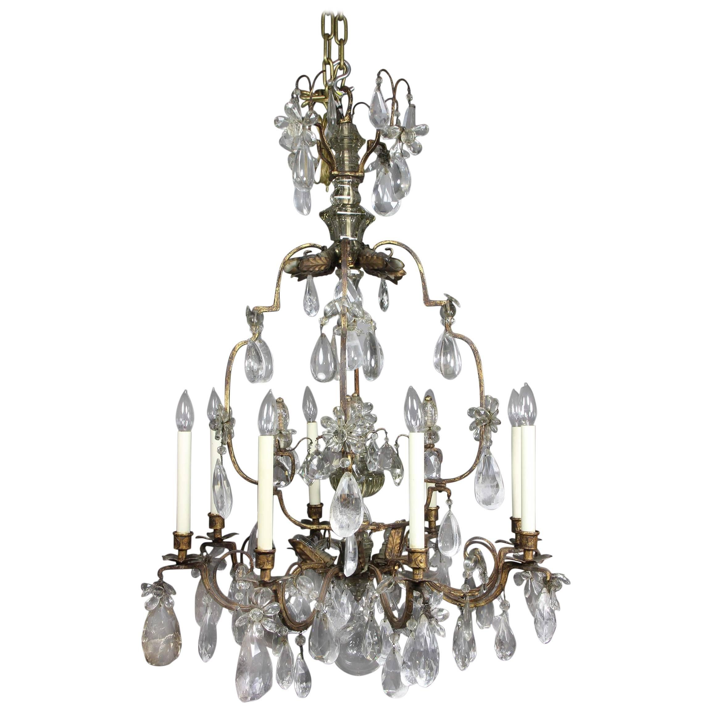 Louis XV Gilded Wrought Iron and Rock Crystal Chandelier For Sale