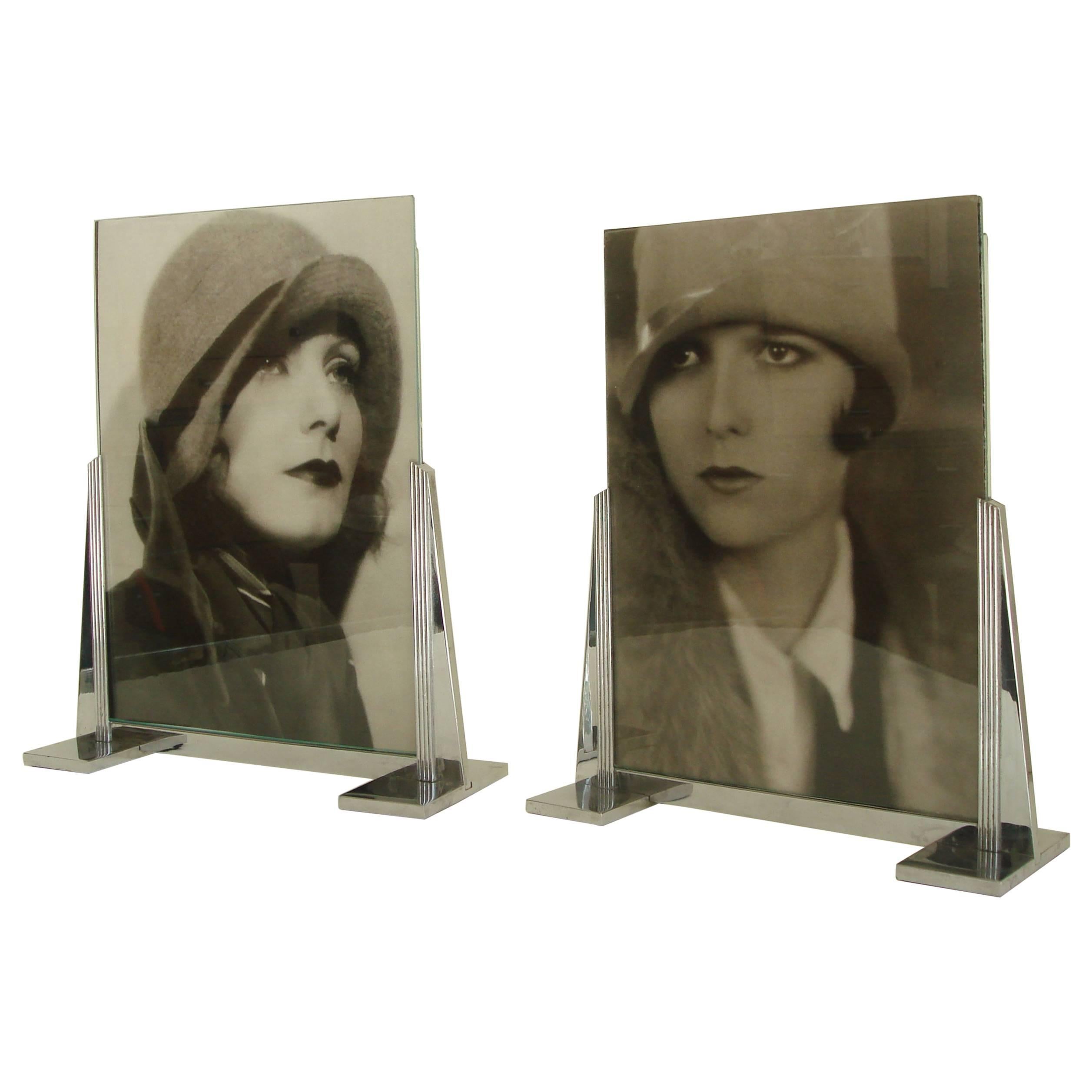 Pair of English Large Art Deco Chrome Picture Frames, Architectural & Reversible