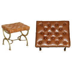 FINE ANTIQUE ViCTORIAN BRASS SHOW FRAME CHESTERFIELD BROWN LEATHER FOOTSTOOL