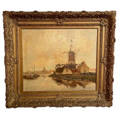 Antique Dutch Oil on Canvas Painting "Port Scene with Windmill" Signed by Artist