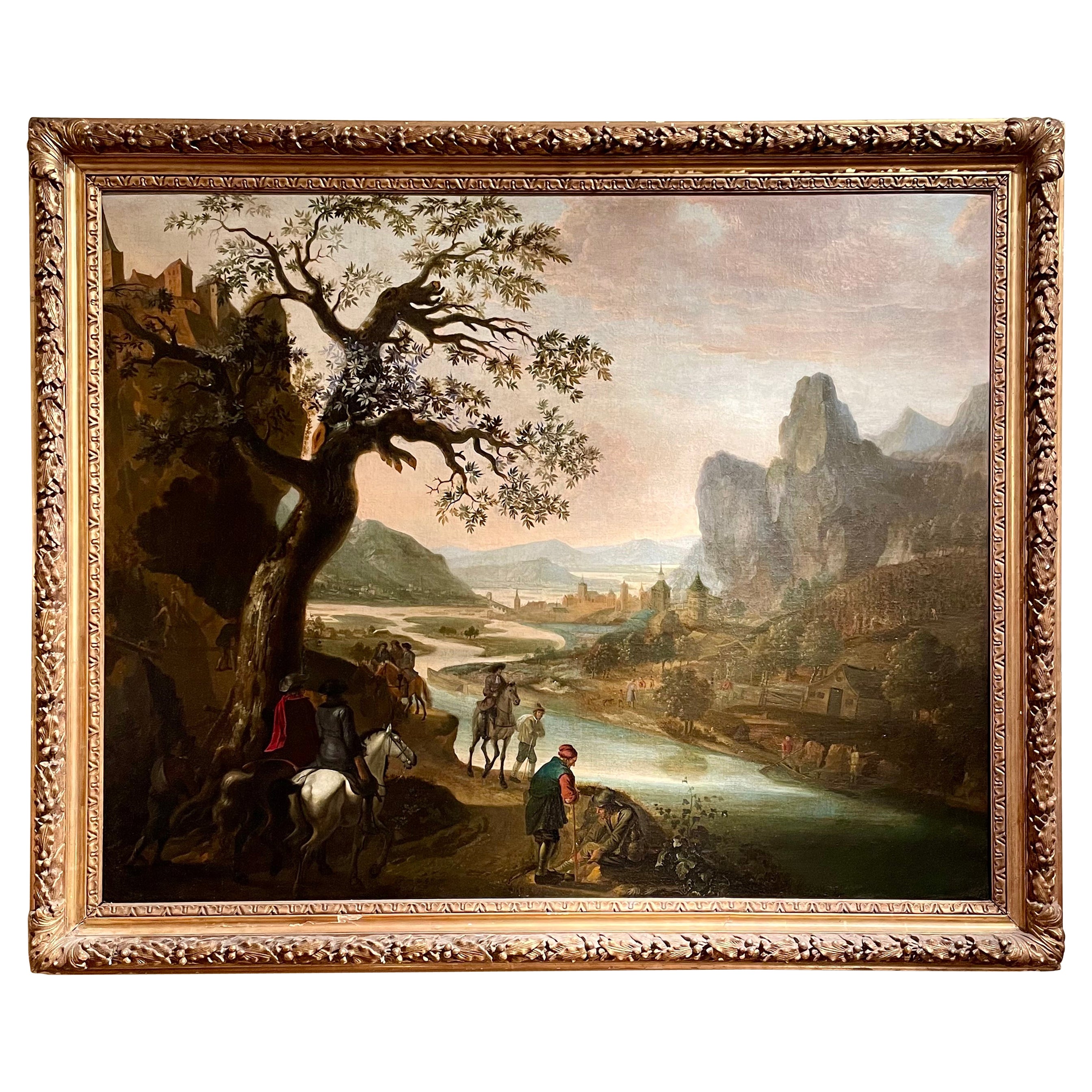 Antique 19th Century French Oil on Canvas Painting Medieval Road Outside Village