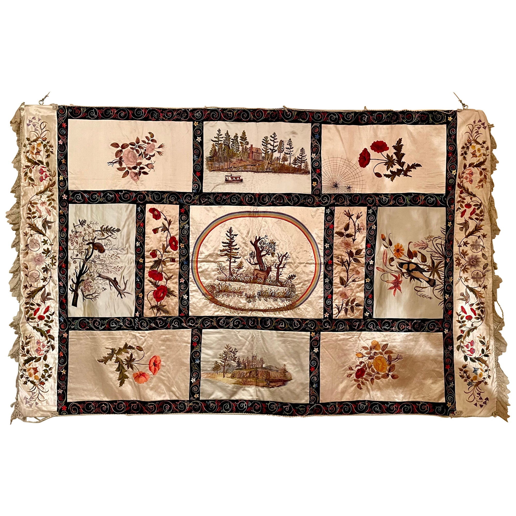 Antique Silk Embroidery of Western American Scenes and Fauna, Circa 1890's.