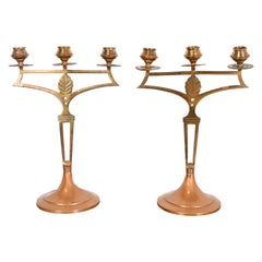 Antique Swedish Art Nouveau Brass and Copper Two-Arm Candelabras, Pair
