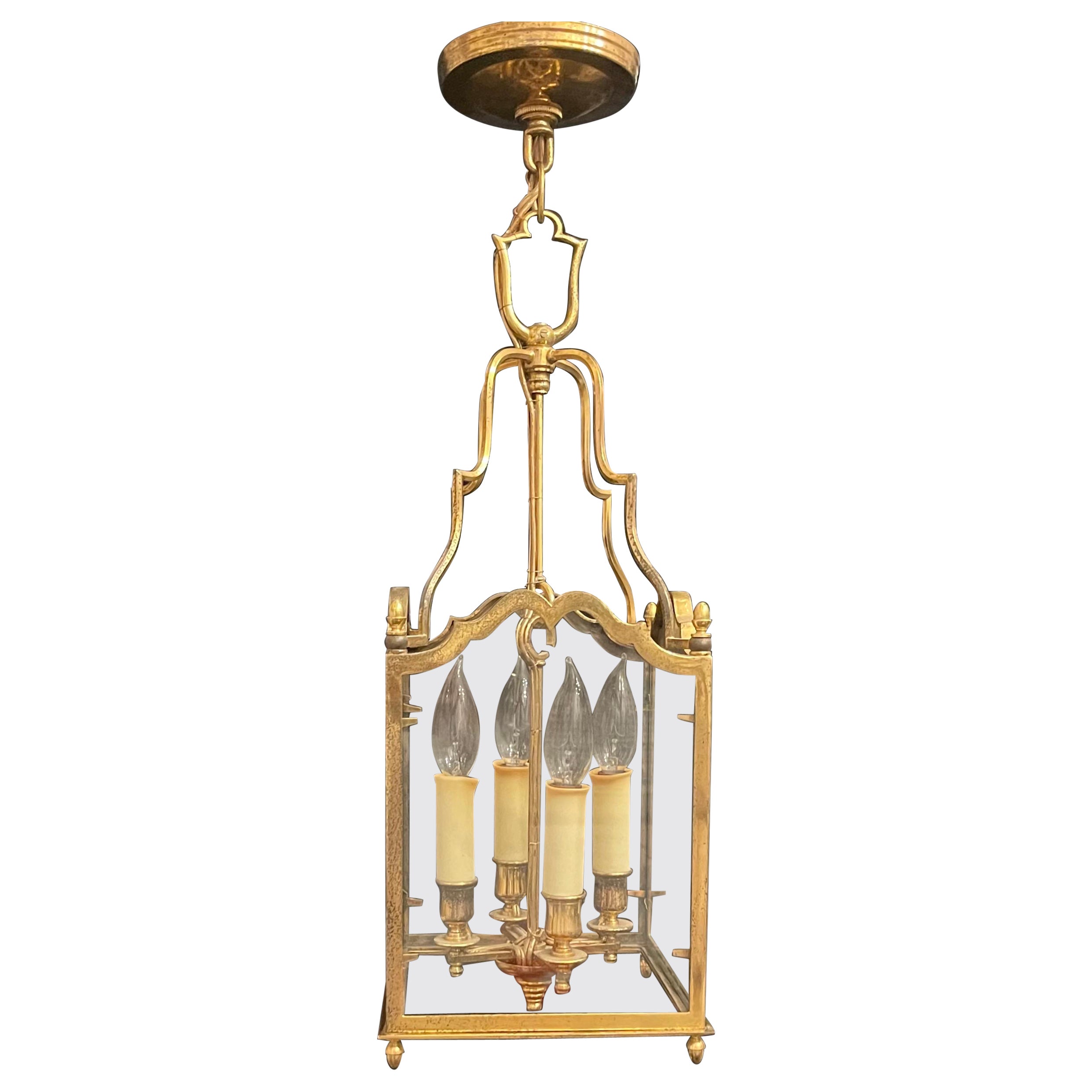 Wonderful French Bronze Louis XV Square Glass Panel Lantern Pendent Fixture