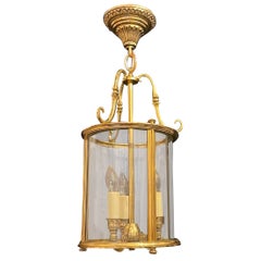 Fine Set 3 Gilt Bronze Petite Louis XVI Curved Glass Lantern Pendent Fixtures