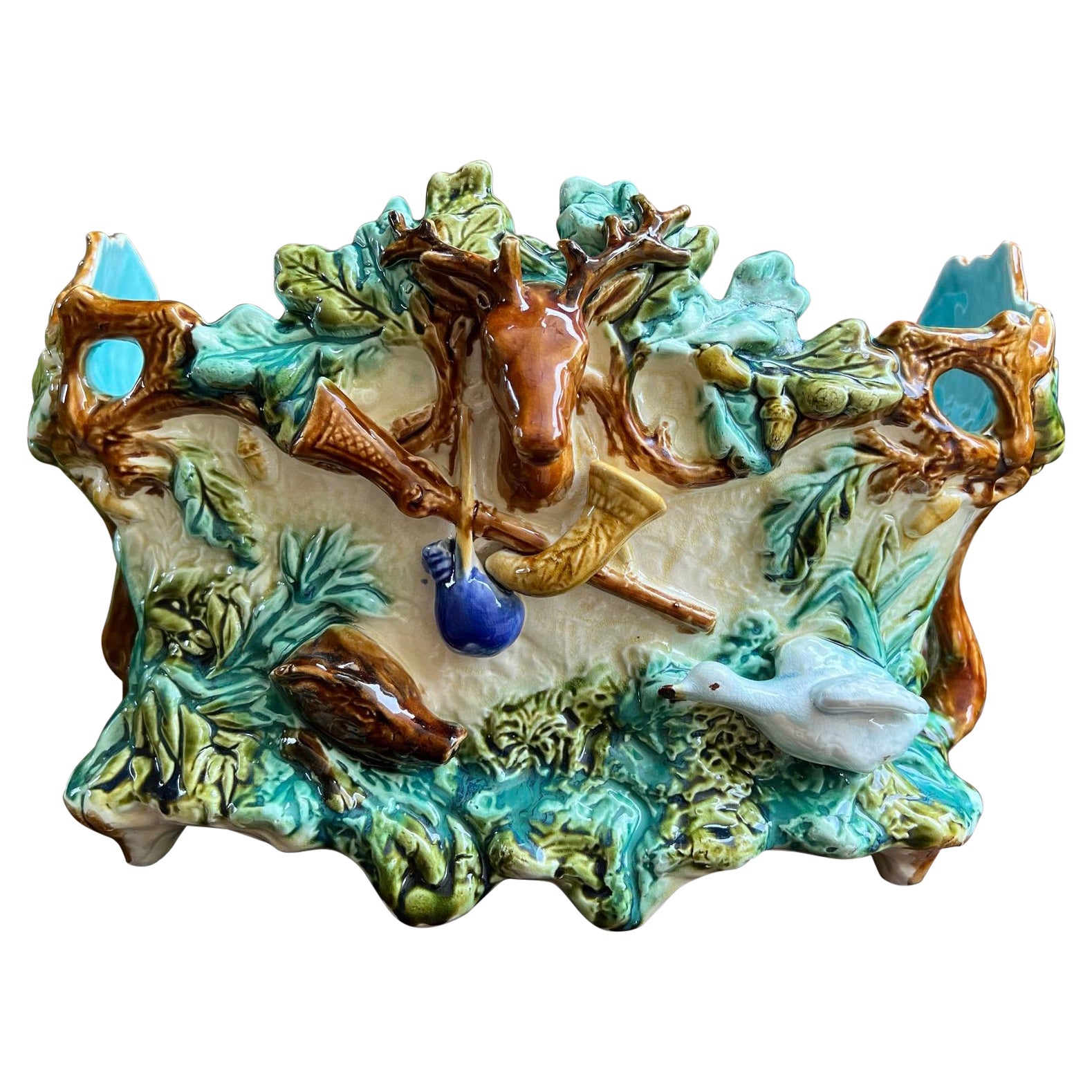 Antique French Majolica Barbotine Jardinière Hunt Stag Onnaing Cache Pot Planter