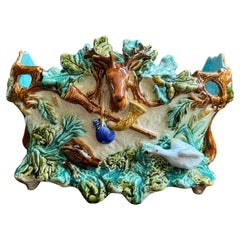 Antique French Majolica Barbotine Jardinière Hunt Stag Onnaing Cache Pot Planter