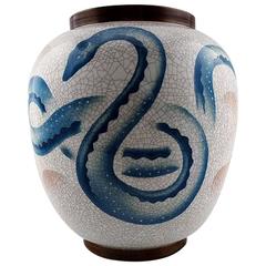 Antique Large Art Deco Bing & Grondahl Crackled Porcelain Vase, Decorated with a Snake