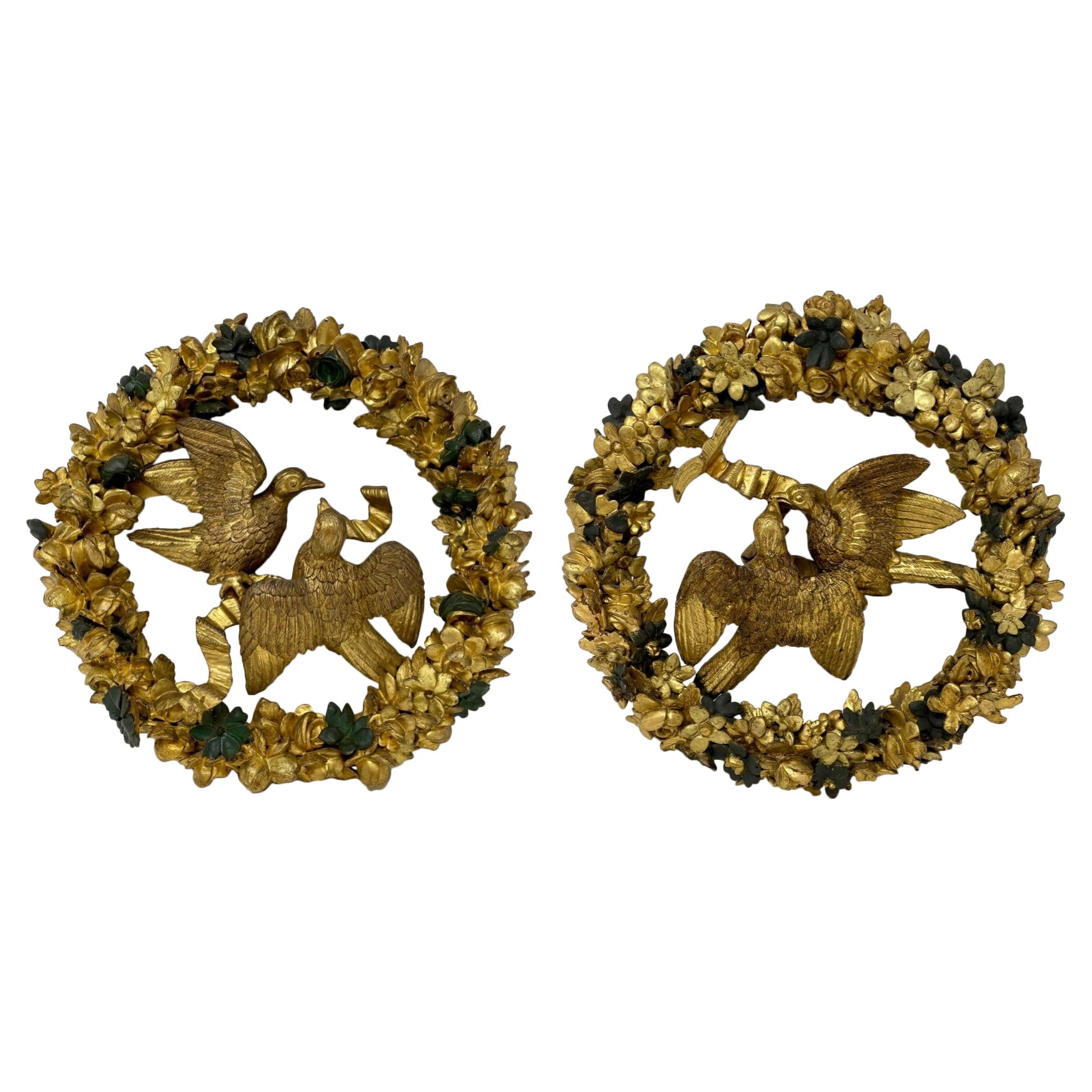 Pair Antique French Carved Wood with Gold Leaf "Oiseau de L' Amour" Wreaths. For Sale