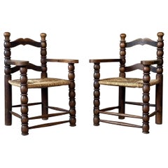 Charles Dudouyt Ladder Back Rush Seat Arm Chairs - a Pair
