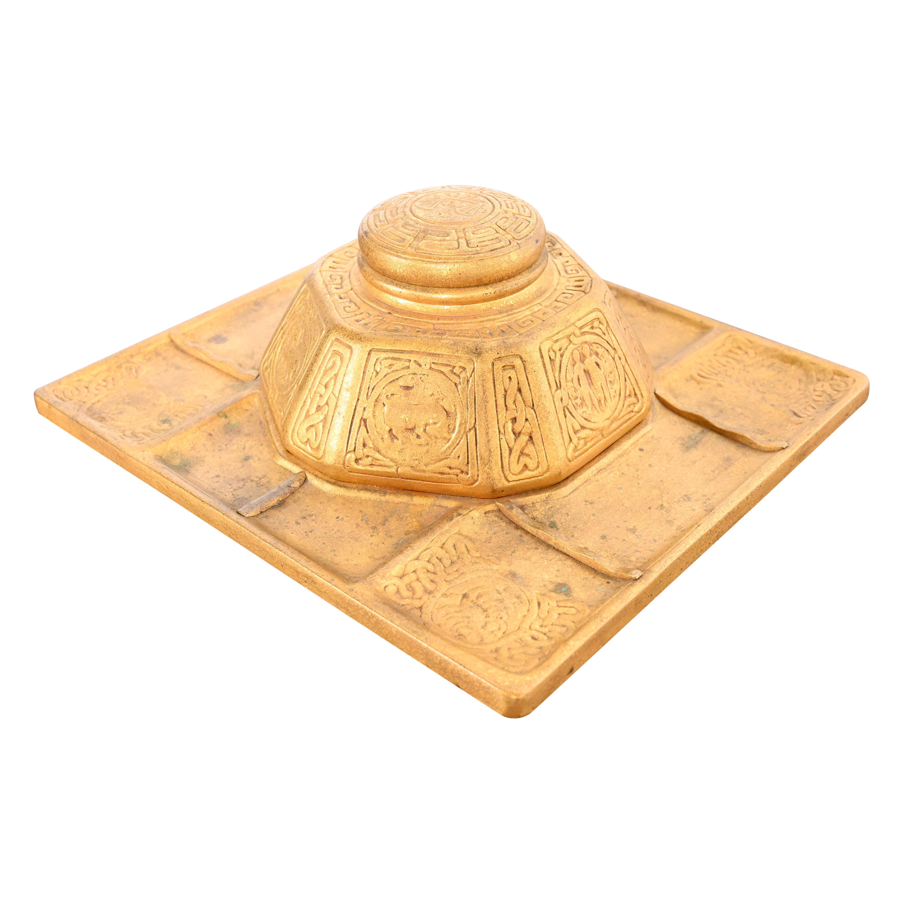 Tiffany Studios New York Zodiac Bronze Doré Partner's Inkwell With Desk Tray