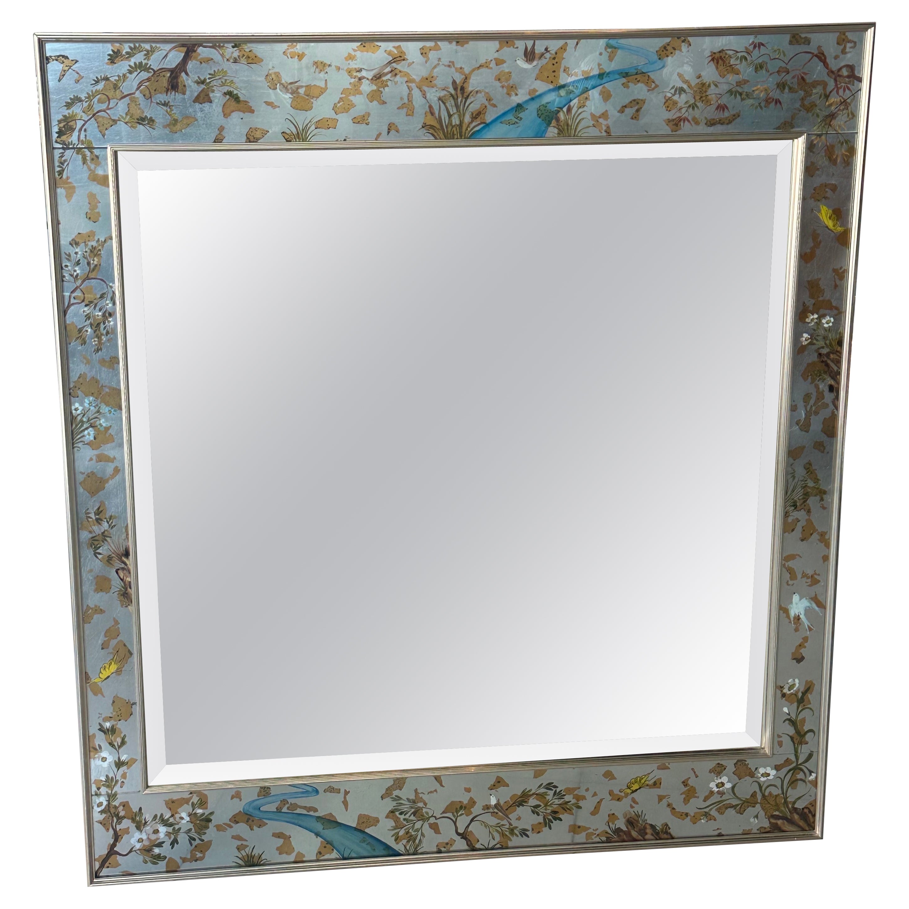 Espejo de Pared LaBarge Eglomise Chinoiserie Hoja de Plata Pintado Pájaro Mariposa en venta