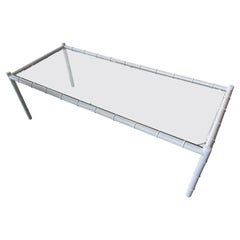 Vintage Faux Bamboo Metal Newly Powder-coated Patio Coffee Cocktail Table Glass