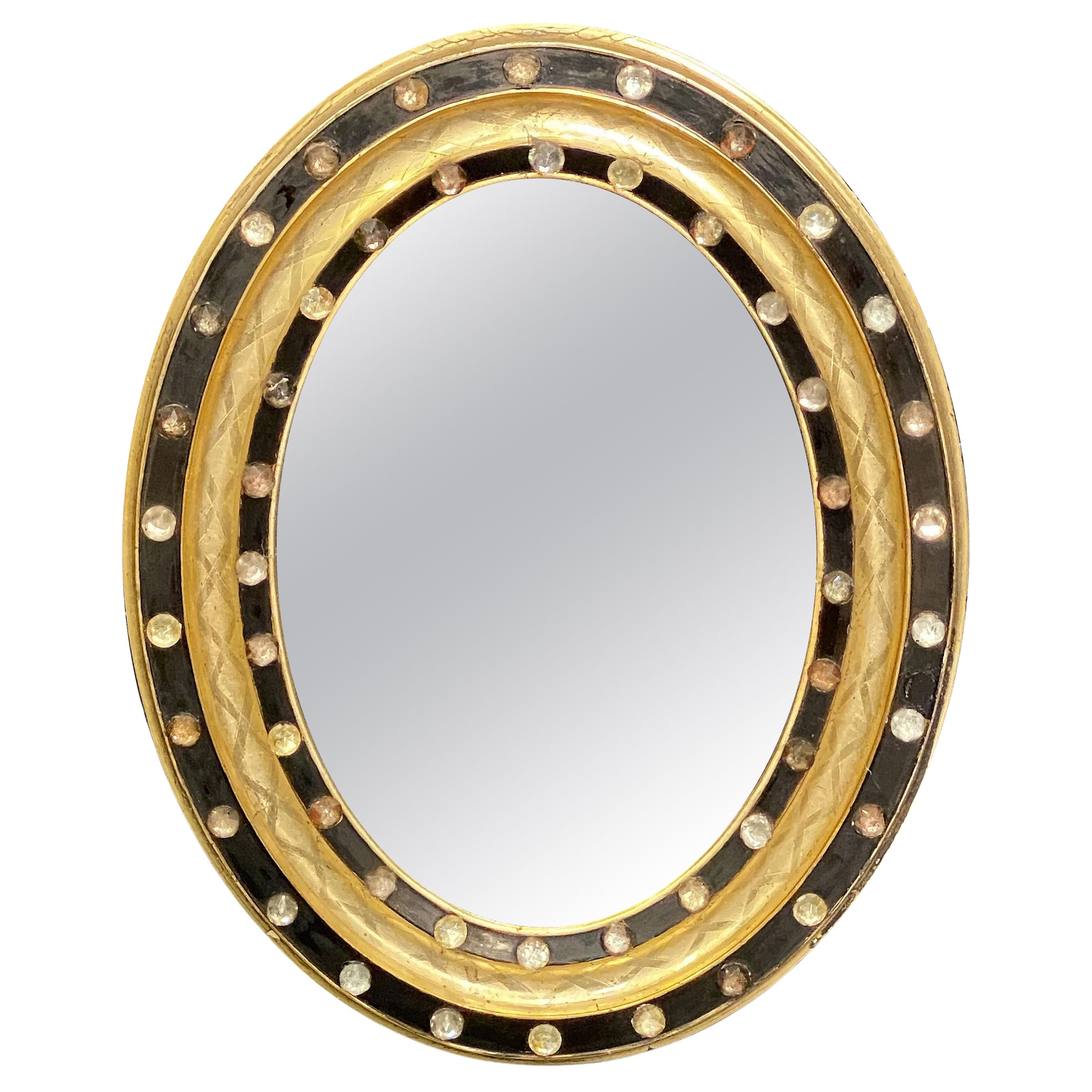 Irish Ebony and Gilt Oval Wall Mirror with Glass Studs (H 18 1/2 x W 14 1/2)