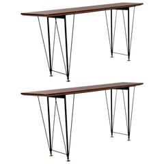 Pair of Italian  Architectural 1950s Walnut and Black Metal Consoles