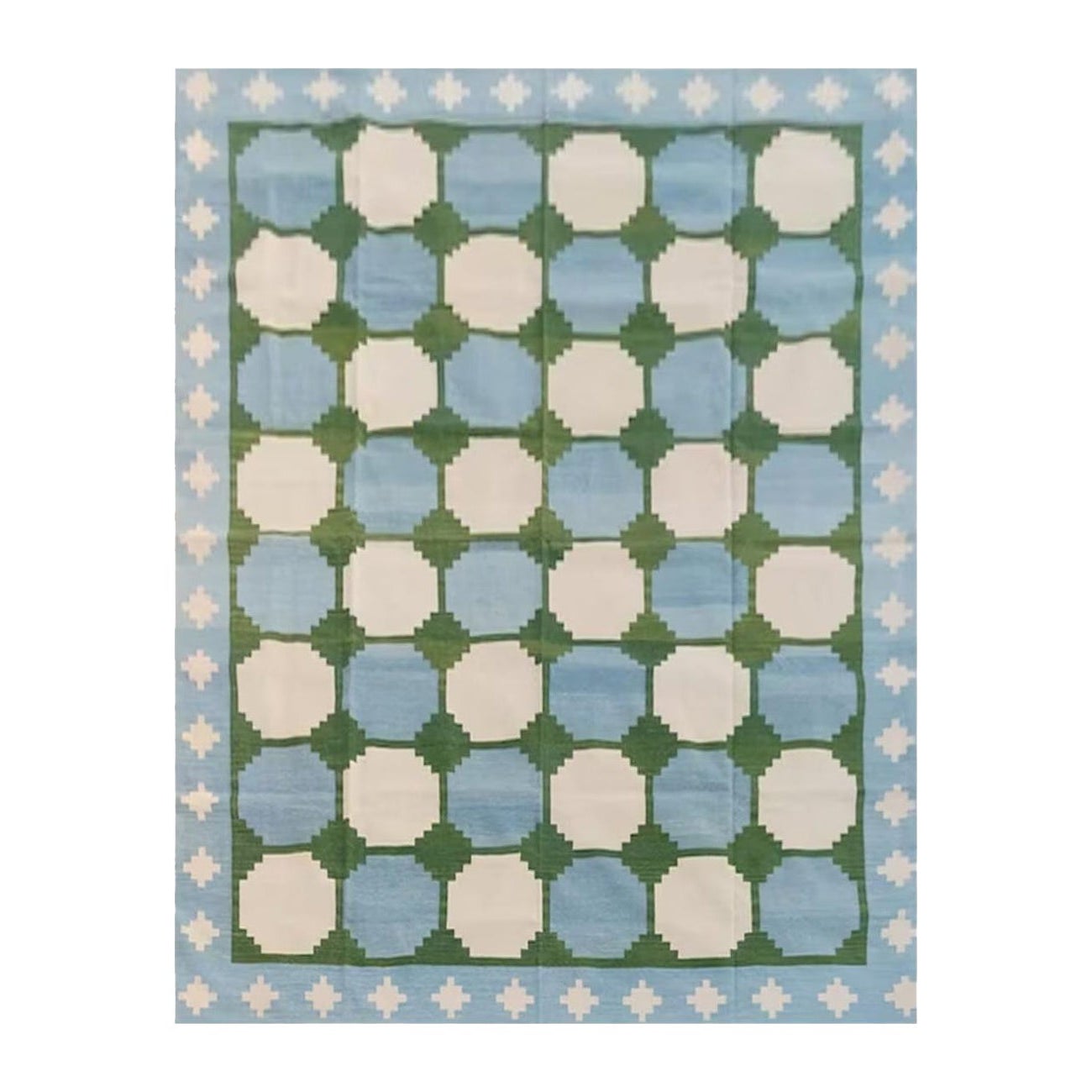 Handmade Cotton Area Flat Weave Rug, 10x10 Sky Blue, Green Tile Indian Dhurrie