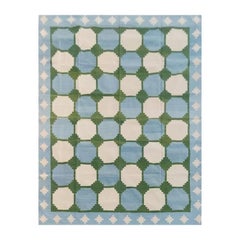 Tappeto a tessitura piatta in cotone fatto a mano, 8x8 Sky Blue and Green Tile Indian Dhurrie