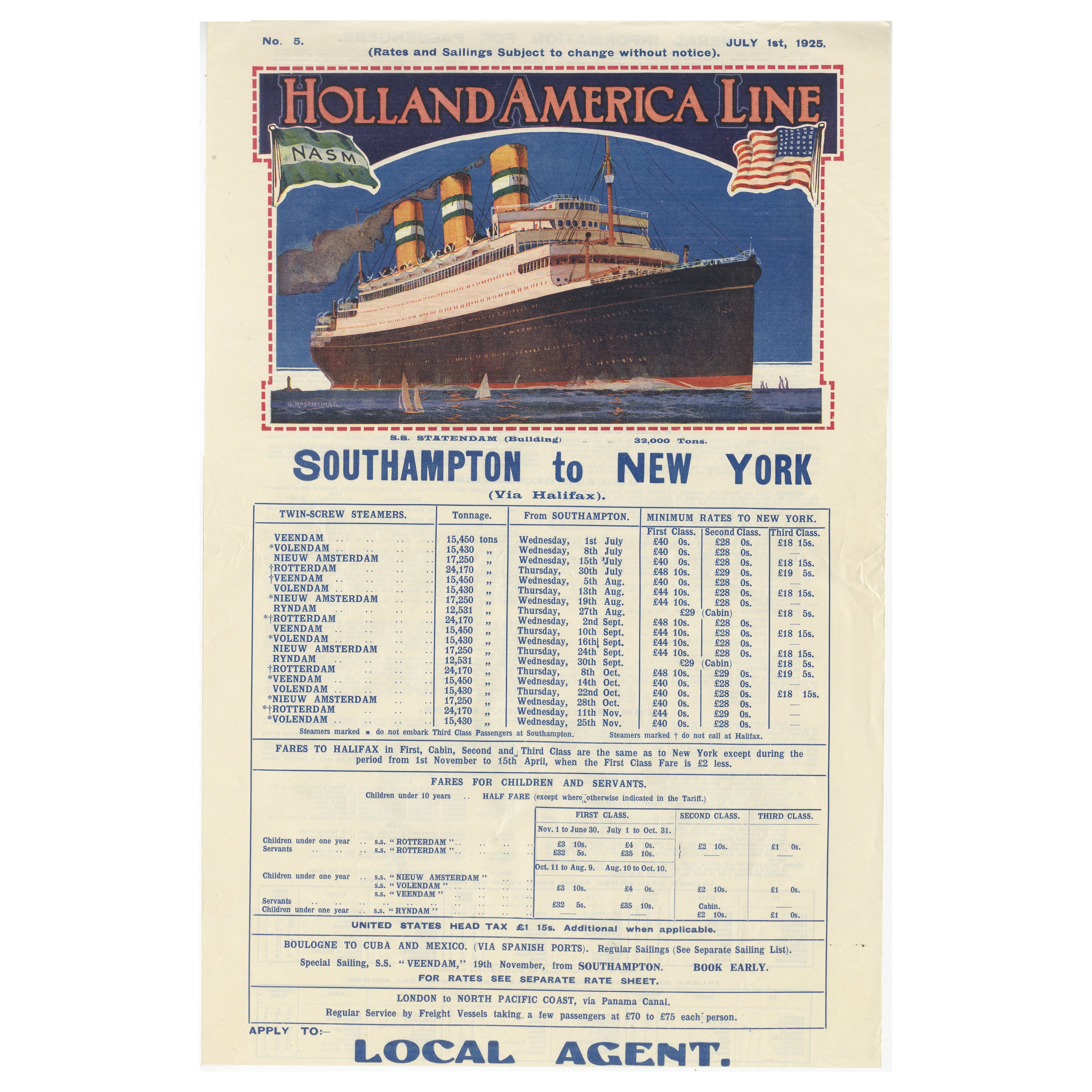 1925 Holland America Line: Viajes transatlánticos de Southampton a Nueva York
