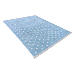 Tappeto a tessitura piatta in cotone fatto a mano, 12x15 blu cielo, foglie bianche, indiano Dhurrie