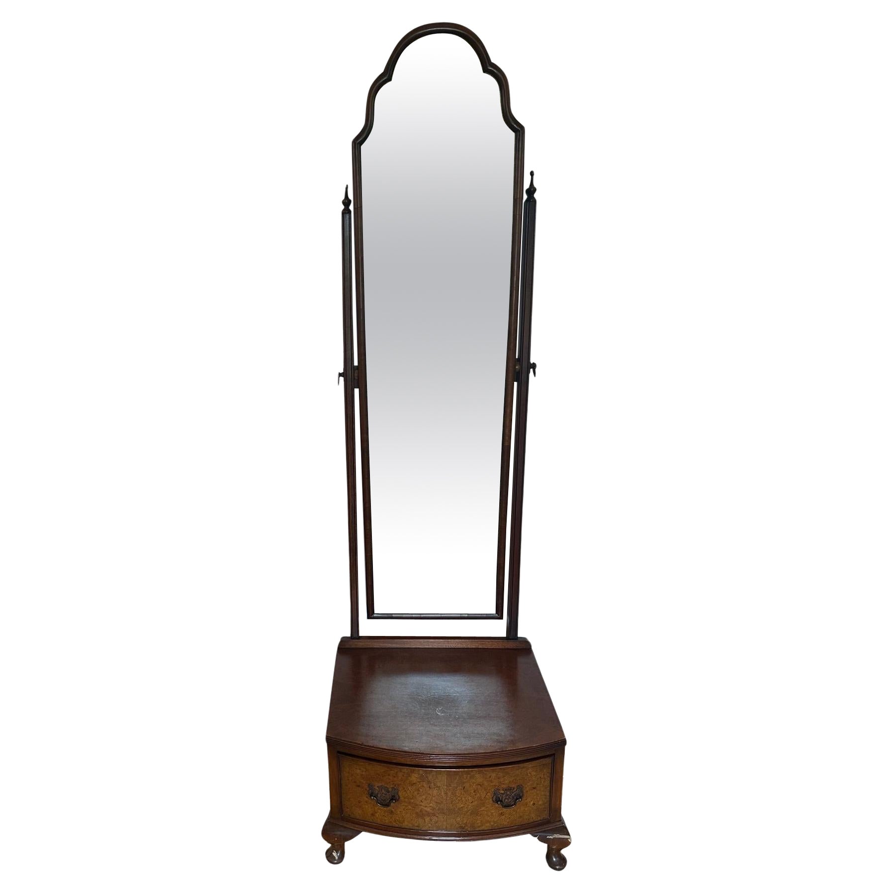 Specchio a figura intera in mogano vintage con cassetto in vendita