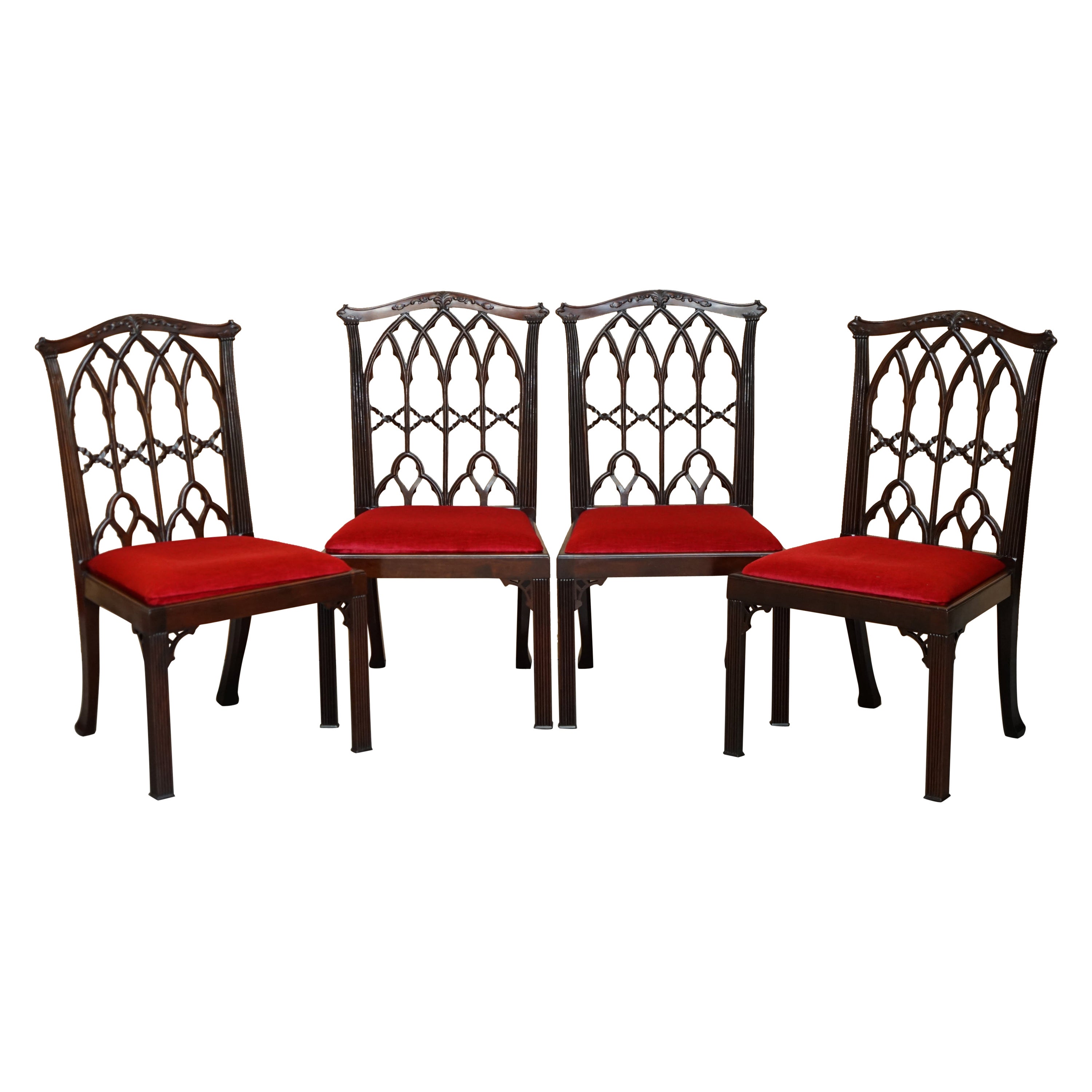 FOUR ANTIQUE CIRCA 1900 ENGLISH THOMAS CHIPPENDALE GOTHIC REVIVAL Esszimmerstühle