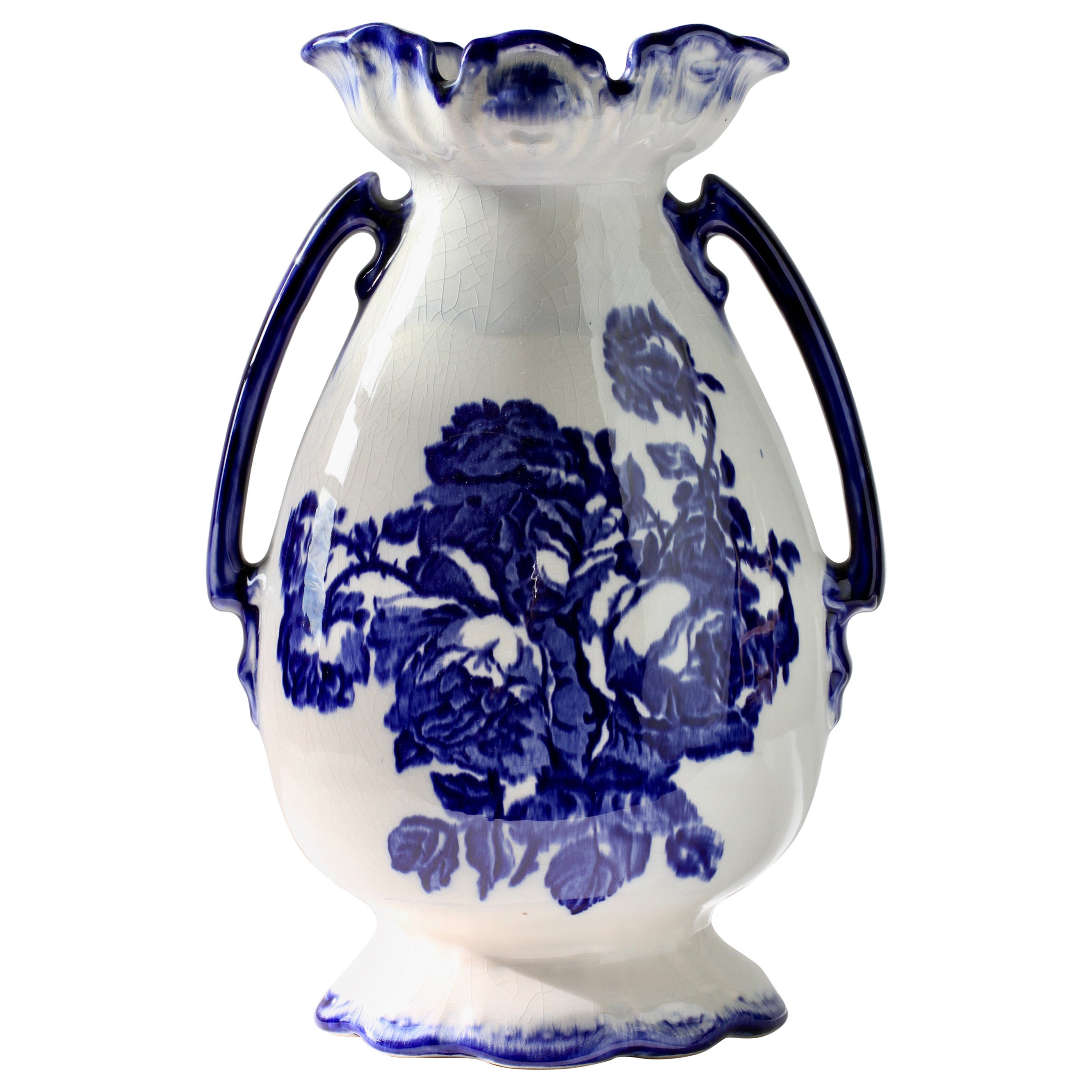 Blue and White Flowers Victorian Style Staffordshire Ironstone Pottery Vase For Sale