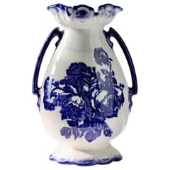Blue and White Flowers Victorian Style Staffordshire Ironstone Pottery Vase