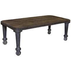 Antique Industrial Iron Dining, Work or Conference Table with Pinewood Top, Machine Age