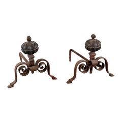 18th Century Italian Wrought Iron Andirons with Hand-Carved Bronze Finials