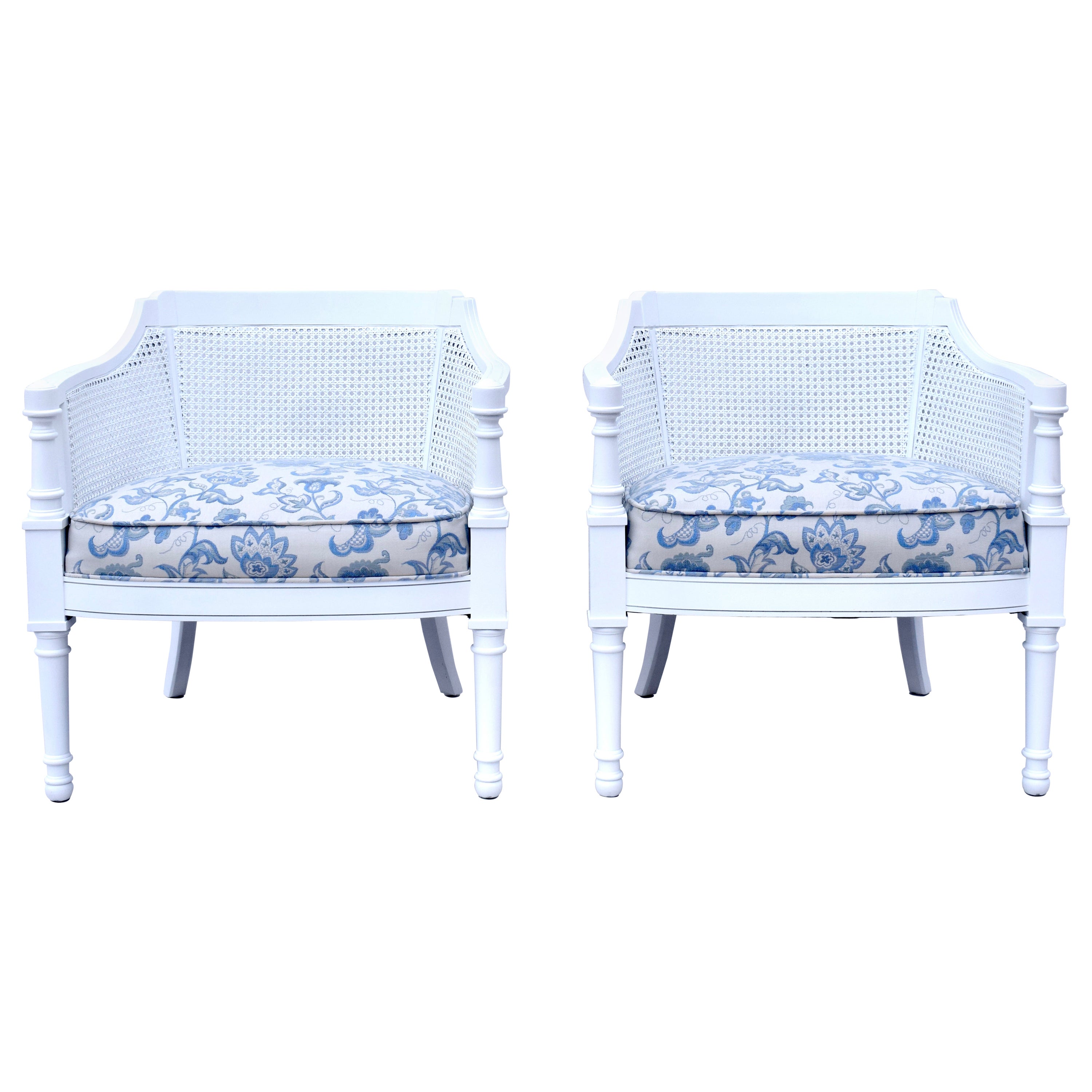 Blue & White Mid 20th Century Painted Cane Barrel Chairs