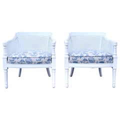 Blue & White Mid 20th Century Painted Cane Barrel Chairs